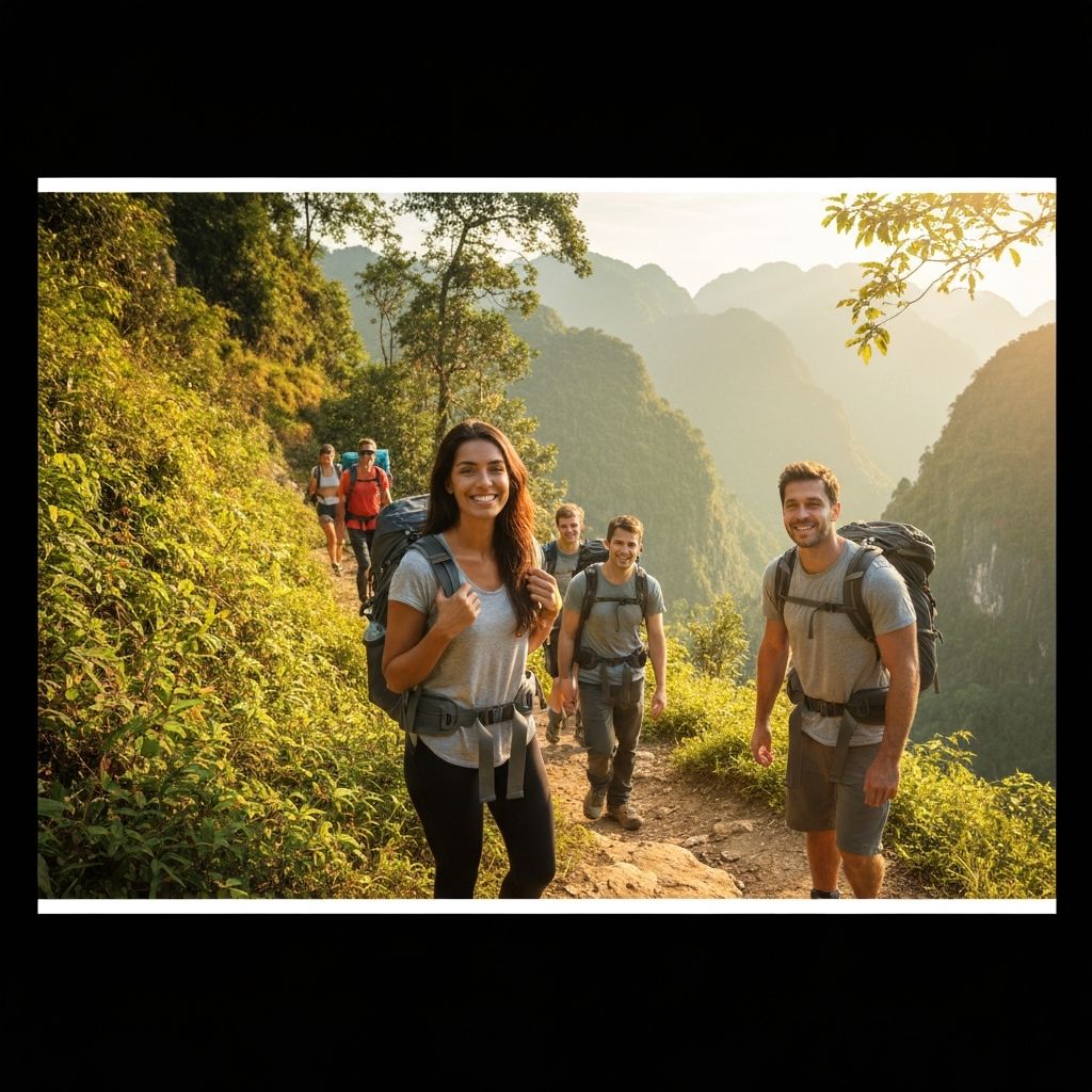Travelers hiking mountain trail